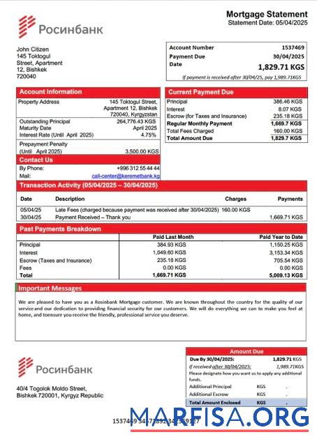 Realistic Kyrgyzstan Rosinbank mortgage statement Word and PDF template
